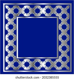 silver frame for design template. Elegant element for design in Eastern style, place for text.on a  blue background. Lace vector illustration for invitations and greeting cards