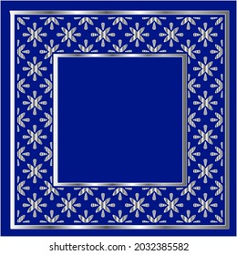 
marco plateado para plantilla de diseño. Elegante elemento para el diseño en estilo oriental, lugar para texto.sobre un fondo azul. Ilustración vectorial de encaje para invitaciones y tarjetas de felicitación