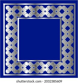 
silver frame for design template. Elegant element for design in Eastern style, place for text.on a  blue background. Lace vector illustration for invitations and greeting cards