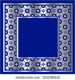 silver frame for design template. Elegant element for design in Eastern style, place for text.on a  blue background. Lace vector illustration for invitations and greeting cards