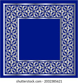 silver frame for design template. Elegant element for design in Eastern style, place for text.on a  blue background. Lace vector illustration for invitations and greeting cards