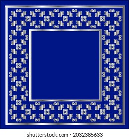 silver frame for design template. Elegant element for design in Eastern style, place for text.on a  blue background. Lace vector illustration for invitations and greeting cards