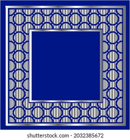 silver frame for design template. Elegant element for design in Eastern style, place for text.on a  blue background. Lace vector illustration for invitations and greeting cards