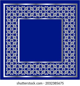 silver frame for design template. Elegant element for design in Eastern style, place for text.on a  blue background. Lace vector illustration for invitations and greeting cards