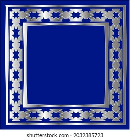 
marco plateado para plantilla de diseño. Elegante elemento para el diseño en estilo oriental, lugar para texto.sobre un fondo azul. Ilustración vectorial de encaje para invitaciones y tarjetas de felicitación