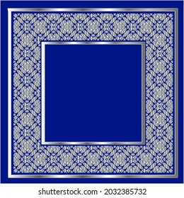 silver frame for design template. Elegant element for design in Eastern style, place for text.on a  blue background. Lace vector illustration for invitations and greeting cards