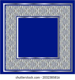 silver frame for design template. Elegant element for design in Eastern style, place for text.on a  blue background. Lace vector illustration for invitations and greeting cards