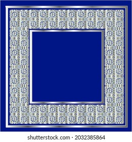 silver frame for design template. Elegant element for design in Eastern style, place for text.on a  blue background. Lace vector illustration for invitations and greeting cards