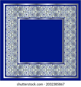 silver frame for design template. Elegant element for design in Eastern style, place for text.on a  blue background. Lace vector illustration for invitations and greeting cards