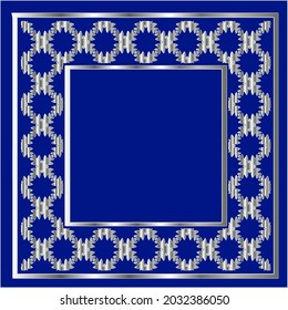 silver frame for design template. Elegant element for design in Eastern style, place for text.on a  blue background. Lace vector illustration for invitations and greeting cards
