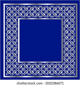 silberner Rahmen für Design-Vorlage. Elegantes Element für Design im östlichen Stil, Platz für Text.auf blauem Hintergrund. Spitzen-Vektorgrafik für Einladungen und Grußkarten