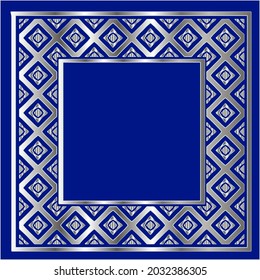 marco plateado para plantilla de diseño. Elegante elemento para el diseño en estilo oriental, lugar para texto.sobre un fondo azul. Ilustración vectorial de encaje para invitaciones y tarjetas de felicitación