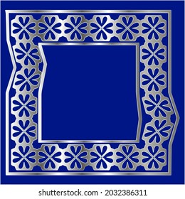 
silver frame for design template. Elegant element for design in Eastern style, place for text.on a  blue background. Lace vector illustration for invitations and greeting cards