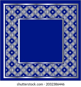 silver frame for design template. Elegant element for design in Eastern style, place for text.on a  blue background. Lace vector illustration for invitations and greeting cards