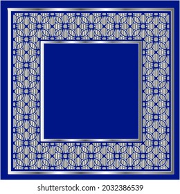 silver frame for design template. Elegant element for design in Eastern style, place for text.on a  blue background. Lace vector illustration for invitations and greeting cards