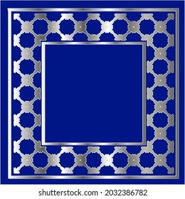 
silver frame for design template. Elegant element for design in Eastern style, place for text.on a  blue background. Lace vector illustration for invitations and greeting cards