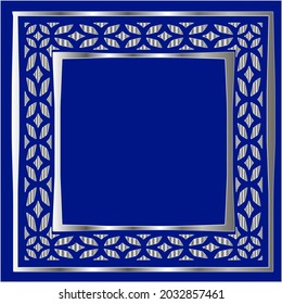 
silver frame for design template. Elegant element for design in Eastern style, place for text.on a  blue background. Lace vector illustration for invitations and greeting cards