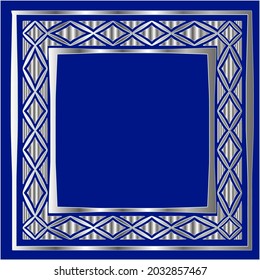 
marco plateado para plantilla de diseño. Elegante elemento para el diseño en estilo oriental, lugar para texto.sobre un fondo azul. Ilustración vectorial de encaje para invitaciones y tarjetas de felicitación
