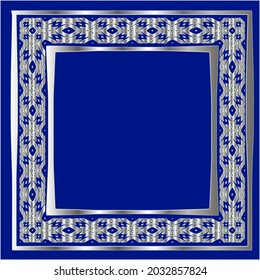 
marco plateado para plantilla de diseño. Elegante elemento para el diseño en estilo oriental, lugar para texto.sobre un fondo azul. Ilustración vectorial de encaje para invitaciones y tarjetas de felicitación