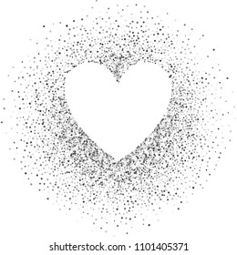 Silver frame with glitter particles effect in the shape of heart. Argent dust sparkling texture. Use for banner, greeting and Christmas card, Valentines day, wedding invitation. Vector illustration.