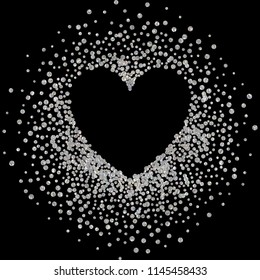Silver frame with glitter particles effect in the shape of heart. Argent dust sparkling texture. Use for banner, greeting and Christmas card, Valentines day, wedding invitation. Vector illustration.