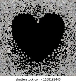 Silver frame with glitter particles effect in the shape of heart. Argent dust sparkling texture. Use for banner, greeting and Christmas card, Valentines day, wedding invitation. Vector illustration.