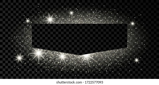 Marco plateado con brillo, chispas y bengalas sobre fondo transparente oscuro. Lujoso fondo vacío. Ilustración vectorial.