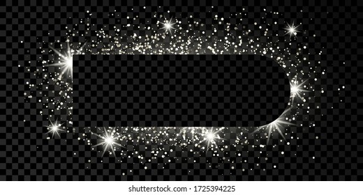 Silver frame with glitter, sparkles and flares on dark transparent  background. Empty luxury backdrop. Vector illustration.