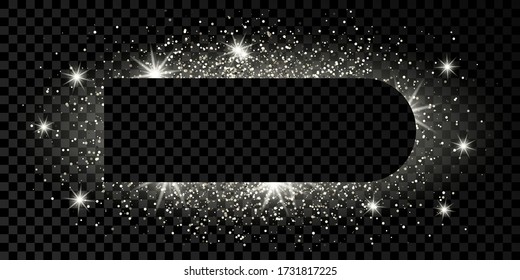 Silver frame with glitter, sparkles and flares on dark transparent  background. Empty luxury backdrop. Vector illustration.