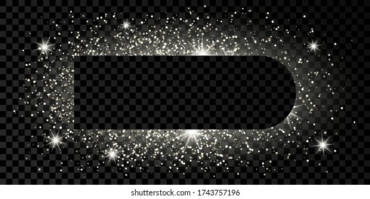 Silver frame with glitter, sparkles and flares on dark transparent  background. Empty luxury backdrop. Vector illustration.