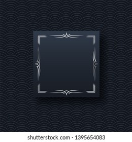 Silver frame minimalistic template with text space. Elegant square border with shiny gradient effect. Chinese oriental waves pattern web banner background. Abstract black invitation vector layout