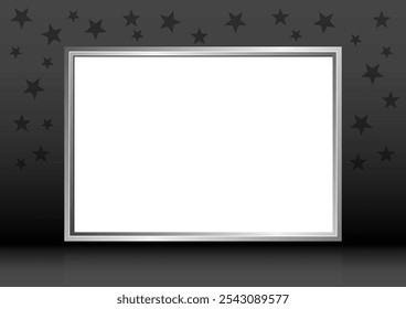 quadro prateado em plano de fundo preto brilhante com formas de estrela