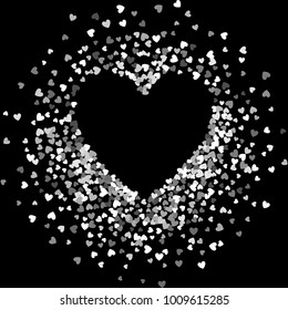 Silver frame of scatter confetti in shape of heart. Border design element for festive banner, greeting card, postcard, wedding invitation, Valentines day and save the date card. Vector illustration.