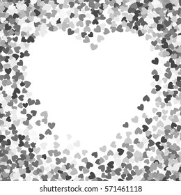 Silver frame of scatter confetti in shape of heart. Border design element for festive banner, greeting card, postcard, wedding invitation, Valentines day and save the date card. Vector illustration.
