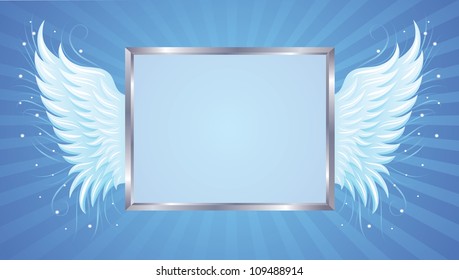 Silver frame with wings on the blue background.