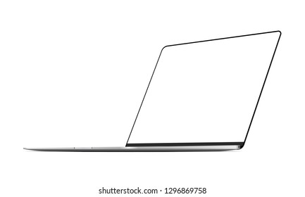 Silver frameless laptop mockup with perspective 3/4 right view. Vector illustration