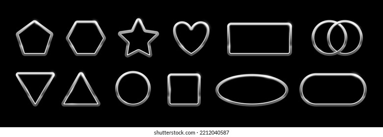 Silver frames of different geometric shapes vector illustration. 3d realistic shiny metal border collection with triangle circle square heart oval star pentagon hexagon isolated on black background