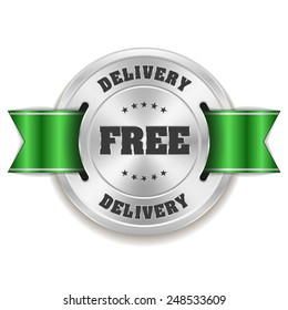 Silver free delivery badge with green ribbon on white background