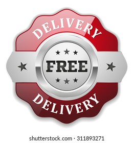 Silver free delivery badge with red border on white background