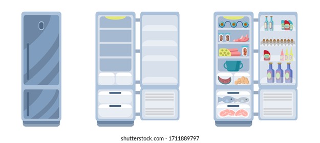 Silver Fridge Is Isolated On A White Background. Closed And Open Empty Refrigerator. Drawing A Refrigerator With Food Or An Empty Shelf. Vector Illustration In Flat Style. Kitchen Appliances.