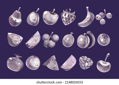 Silver fruit and berries game icons. Food signs of apple, blueberry, plum for gambling slot machine in casino. Vector cartoon set of metal pear, orange, banana, peach, watermelon, cherry