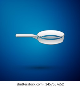 Silver Frying pan icon isolated on blue background. Fry or roast food symbol.  Vector Illustration