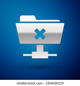 Silver FTP cancel operation icon on blue background. Concept of software update, transfer protocol, router, teamwork tool management, copy process. Vector Illustration