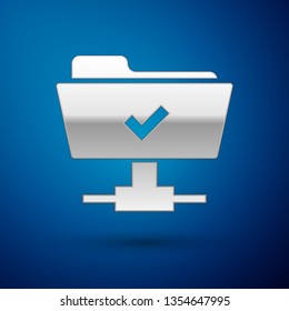 Silver FTP operation successful icon on blue background. Concept of software update, transfer protocol, teamwork tool management, copy process. Vector Illustration