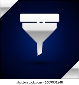 Silver Funnel or filter icon isolated on dark blue background.  Vector Illustration