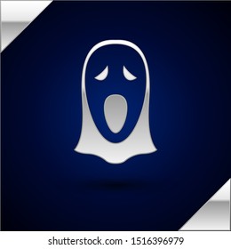 Silver Funny and scary ghost mask for Halloween icon isolated on dark blue background. Happy Halloween party.  Vector Illustration