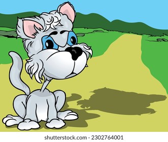 Silver Furry Kitty Sitting on the Ground - Colored Cartoon Illustration with Background, Vector