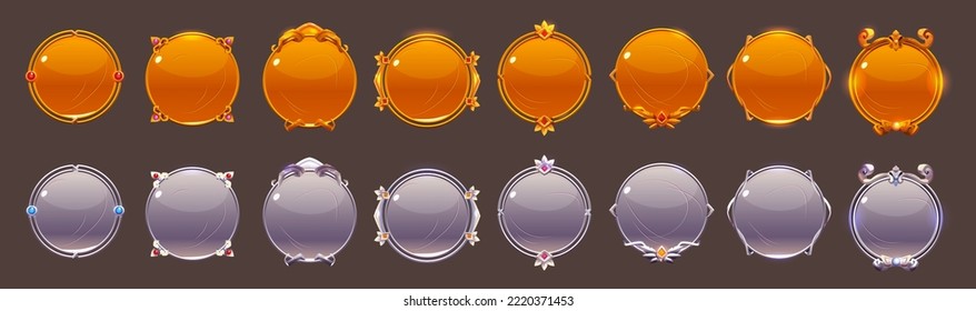 Silver game buttons, golden achievement badges with vintage frames. Vector cartoon set of round icons with gold border in medieval style, circle award labels isolated on background