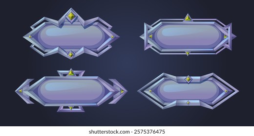 Silver game buttons set isolated on black background. Vector cartoon illustration of medieval metal frames decorated with yellow gemstones, user interface menu, level design, ancient style borders