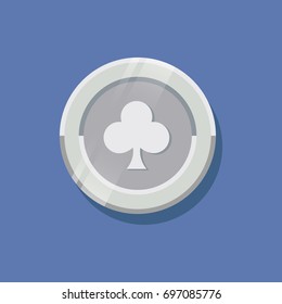 Silver game coin with clubs colorful flat illustration isolated on blue background.